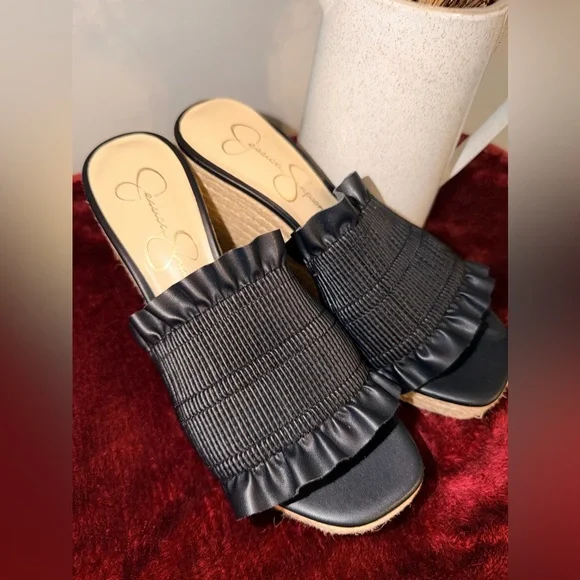Jessica Simpson Serilda Black Espadrille Platform Wedge Sandals Smocked Size 7 - Picture 4 of 8